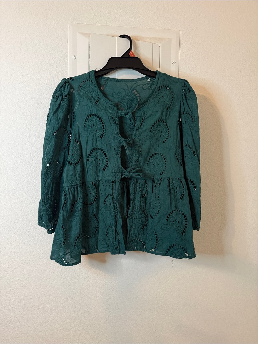 Women's Teal Eyelet Tie-Front Blouse